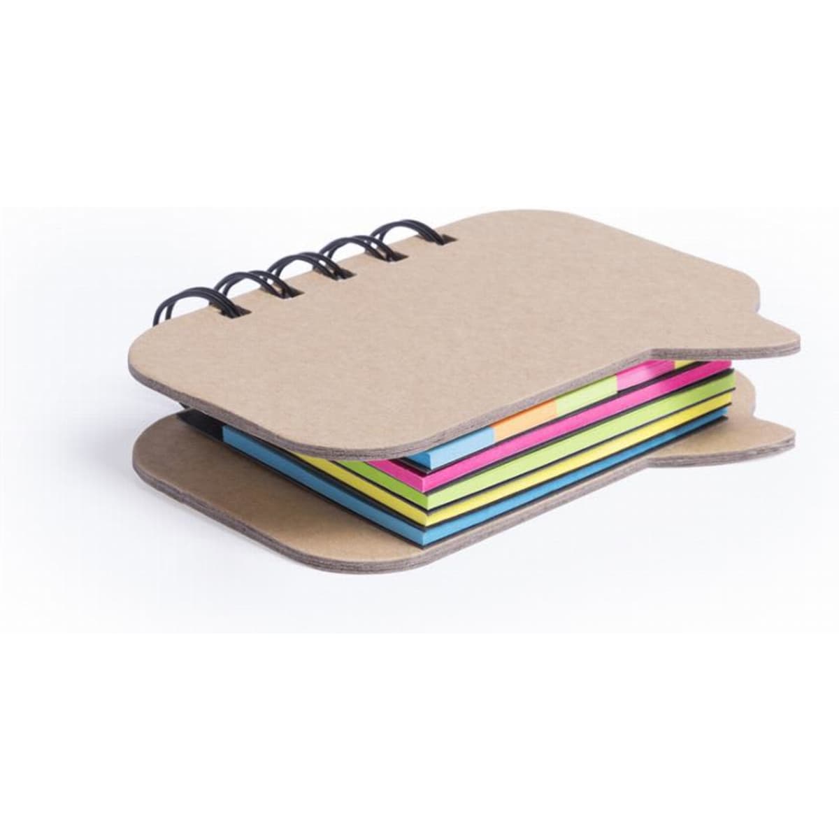 A notebook with a brown cover and multi-coloured sticky notes inside, bound by black wire rings.