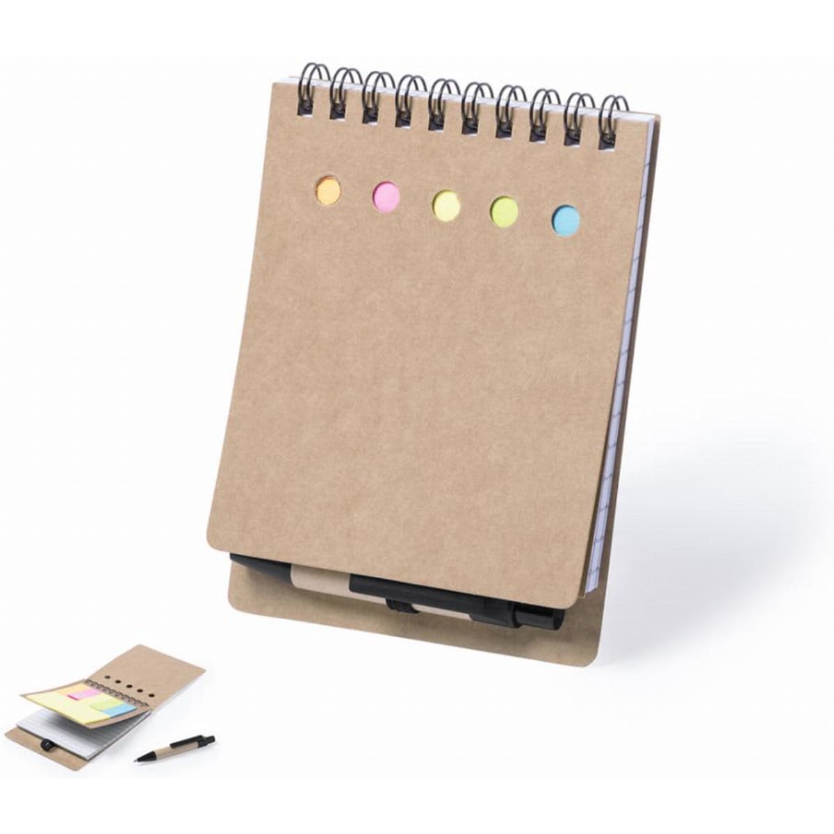 A notepad with a spiral binding and a brown cover, featuring multi-coloured sticky notes and a pen.