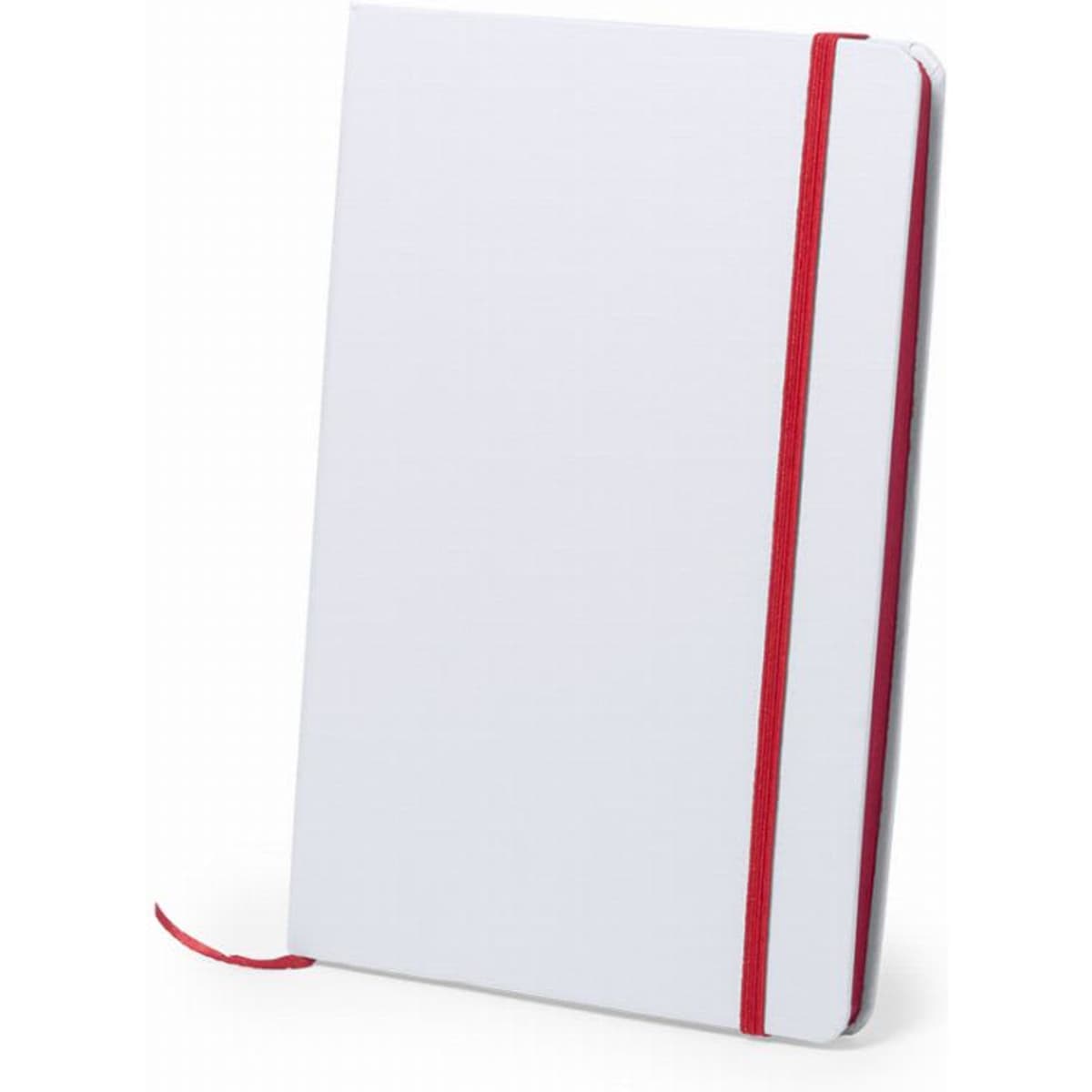 A notebook with a white cover, red elastic band, and red ribbon bookmark. It has a simple, modern design.