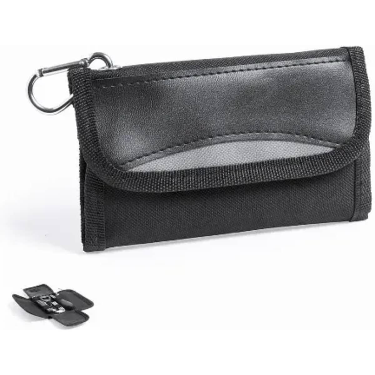 A small black pouch with a clip, featuring a fold-over flap and a smooth surface. Includes a clip attachment.