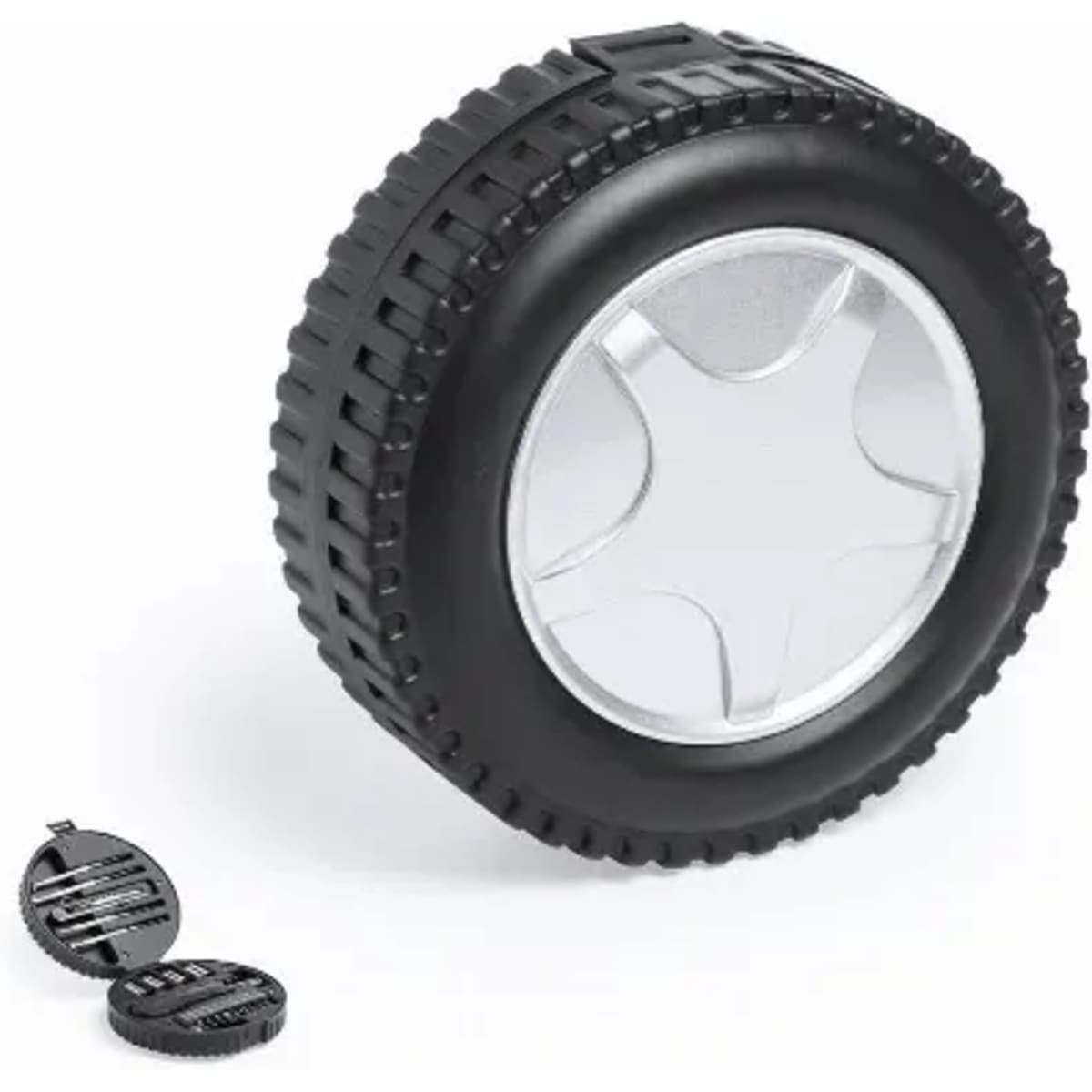 A tyre-shaped stationery holder in black and silver, featuring a removable lid with a tool compartment.