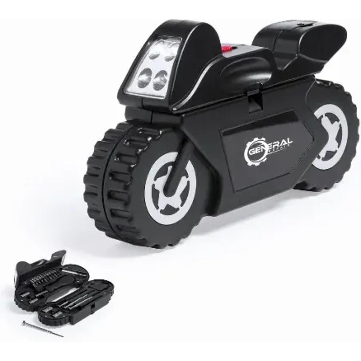 A black promotional product shaped like a motorcycle, featuring headlights and a side compartment for tools.