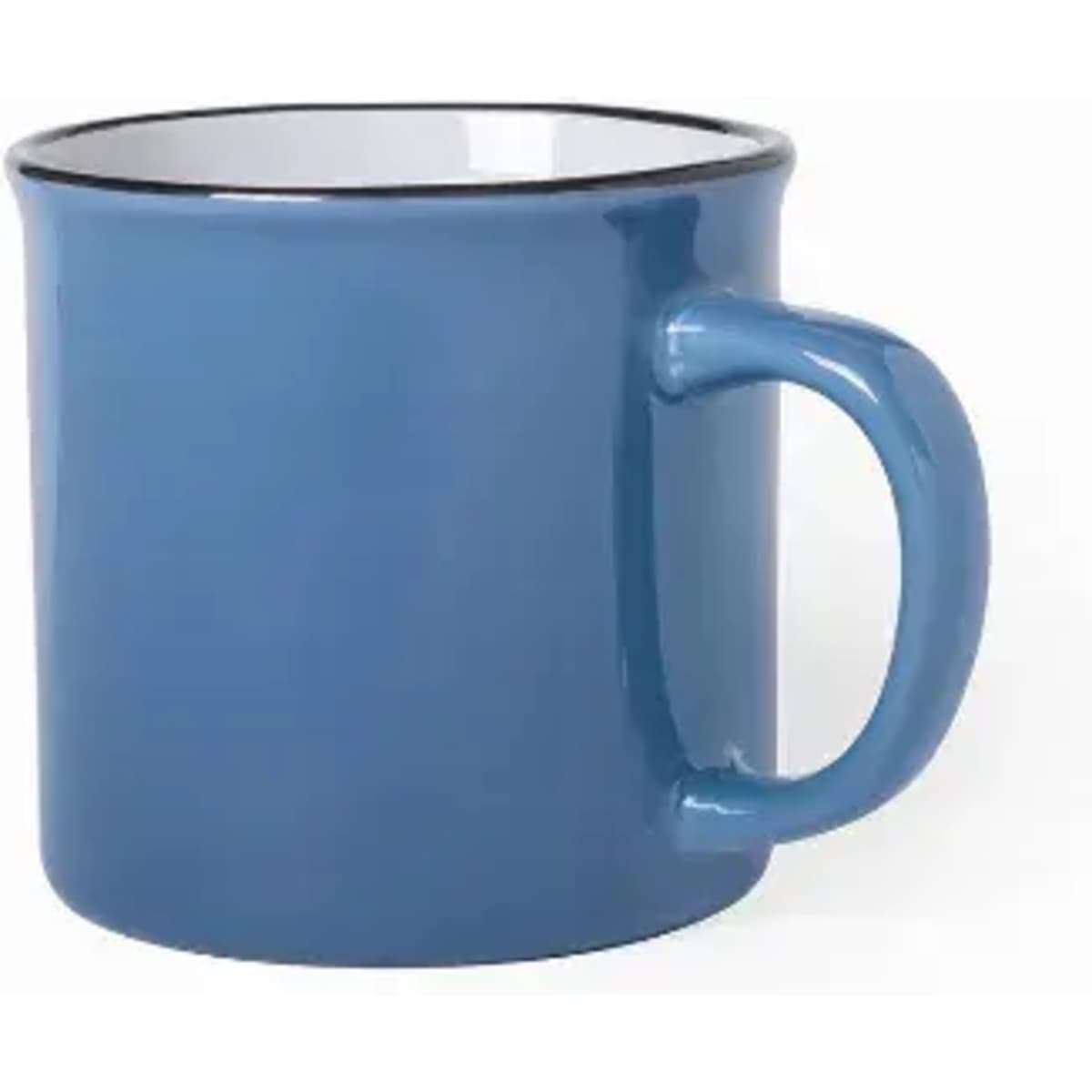 A blue ceramic mug with a white interior and a sturdy handle. It features a simple design and a glossy finish.