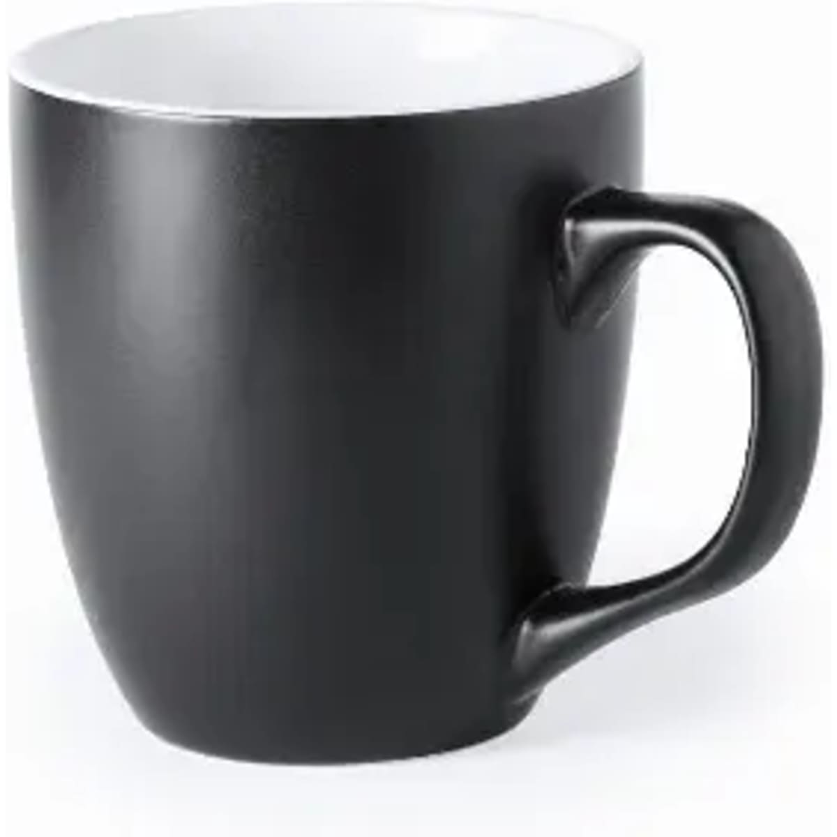 A drink bottle in sleek black with a curved handle and a contrasting white interior, featuring a logo.