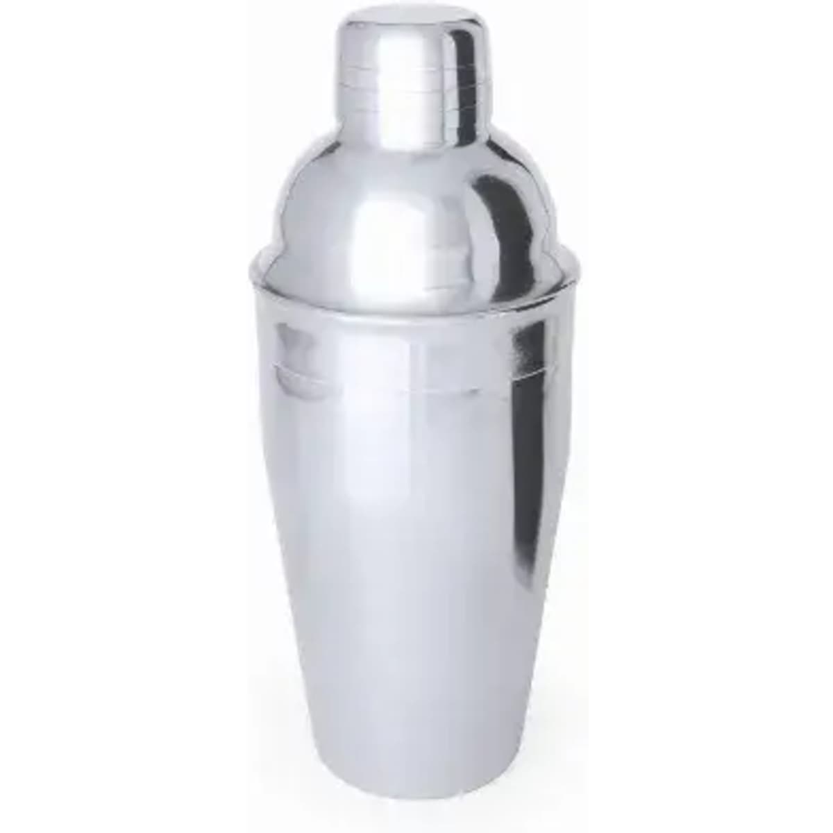 A drink bottle in a shiny silver finish with a classic shaker shape and a secure lid, featuring a logo.
