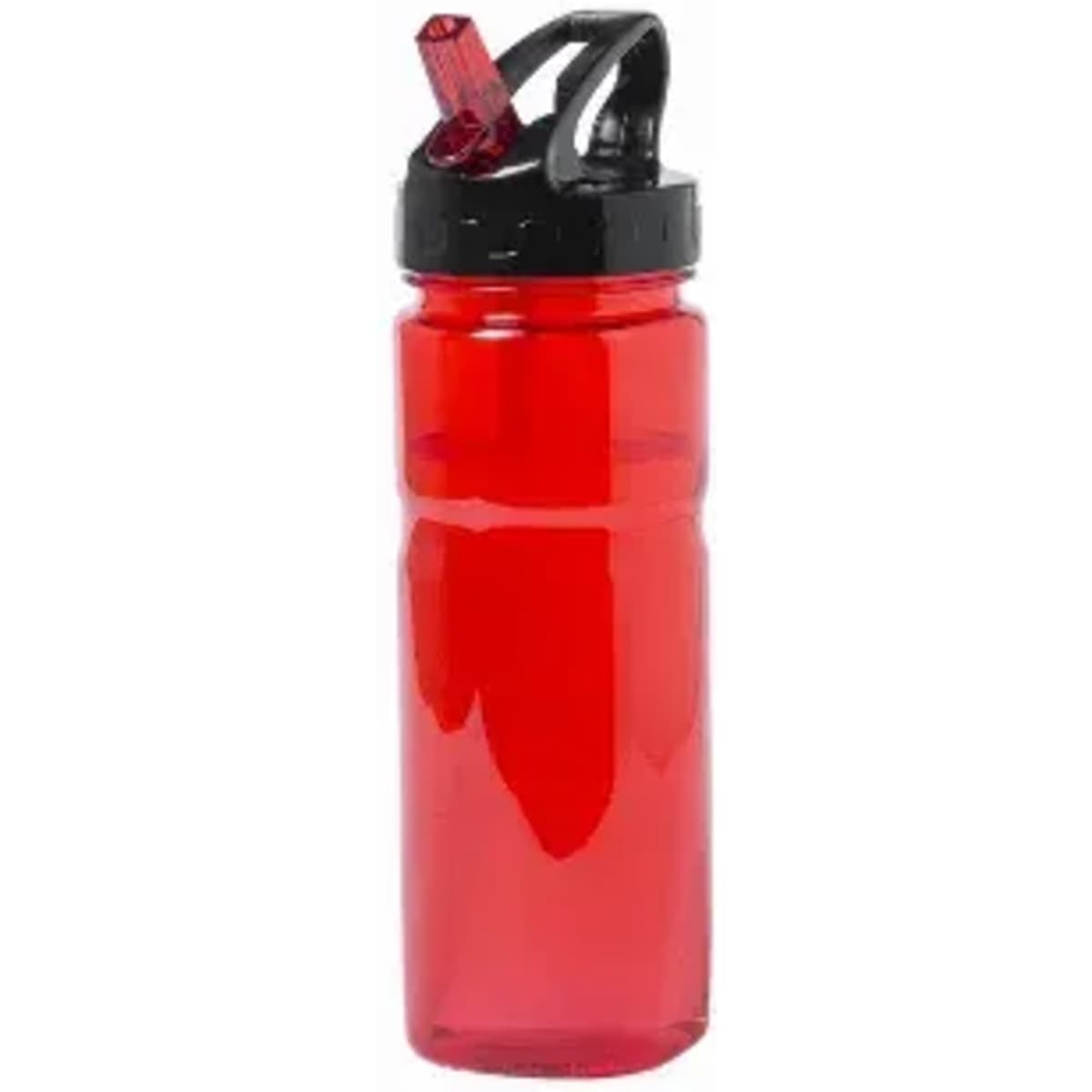 A drink bottle in bright red with a black cap and straw, featuring a logo.