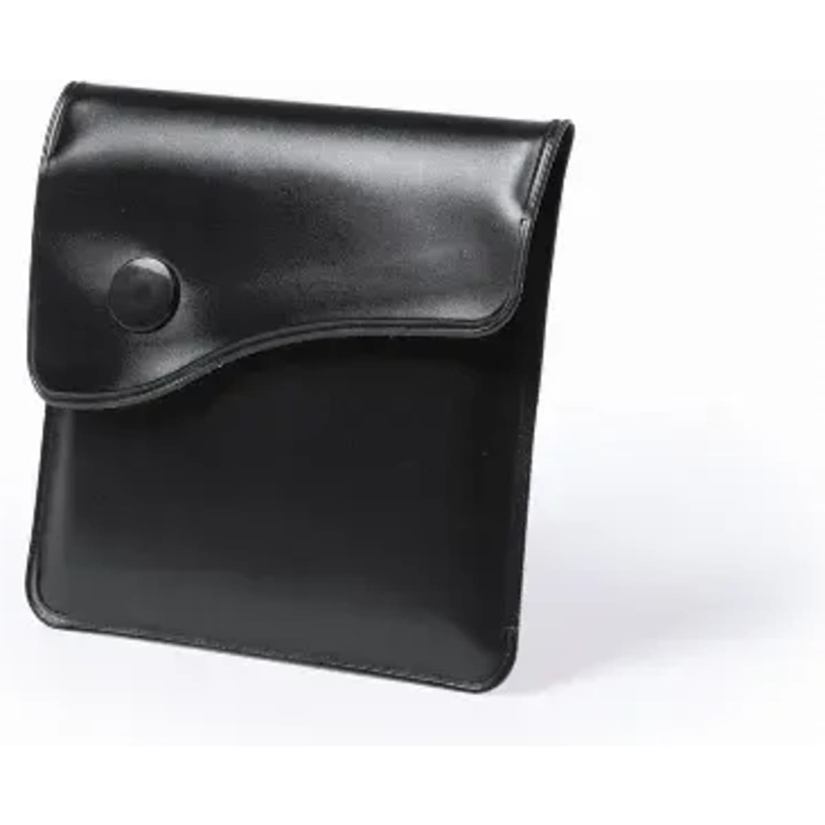 A black leather wallet with a flap closure and a button snap. It has a sleek, minimalist design.