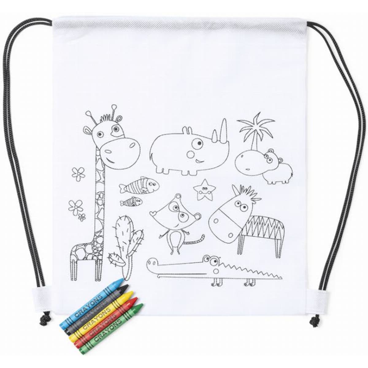 A drawstring backpack in white with animal illustrations and colourful crayons beside it.