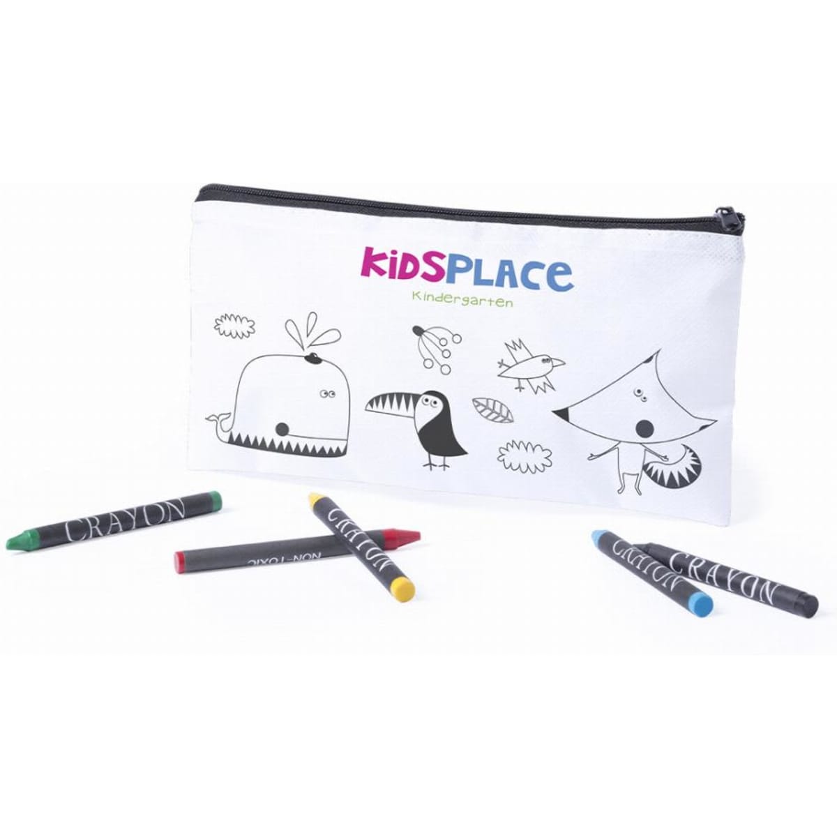 A white pencil case featuring playful illustrations and a logo, with six coloured crayons placed around it.