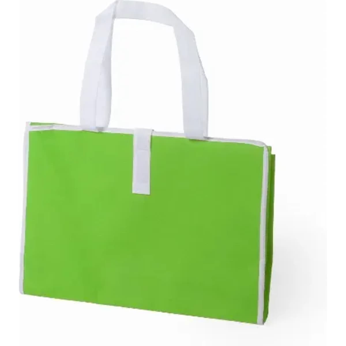 A green tote bag with white handles and a simple design, featuring a logo on one side.