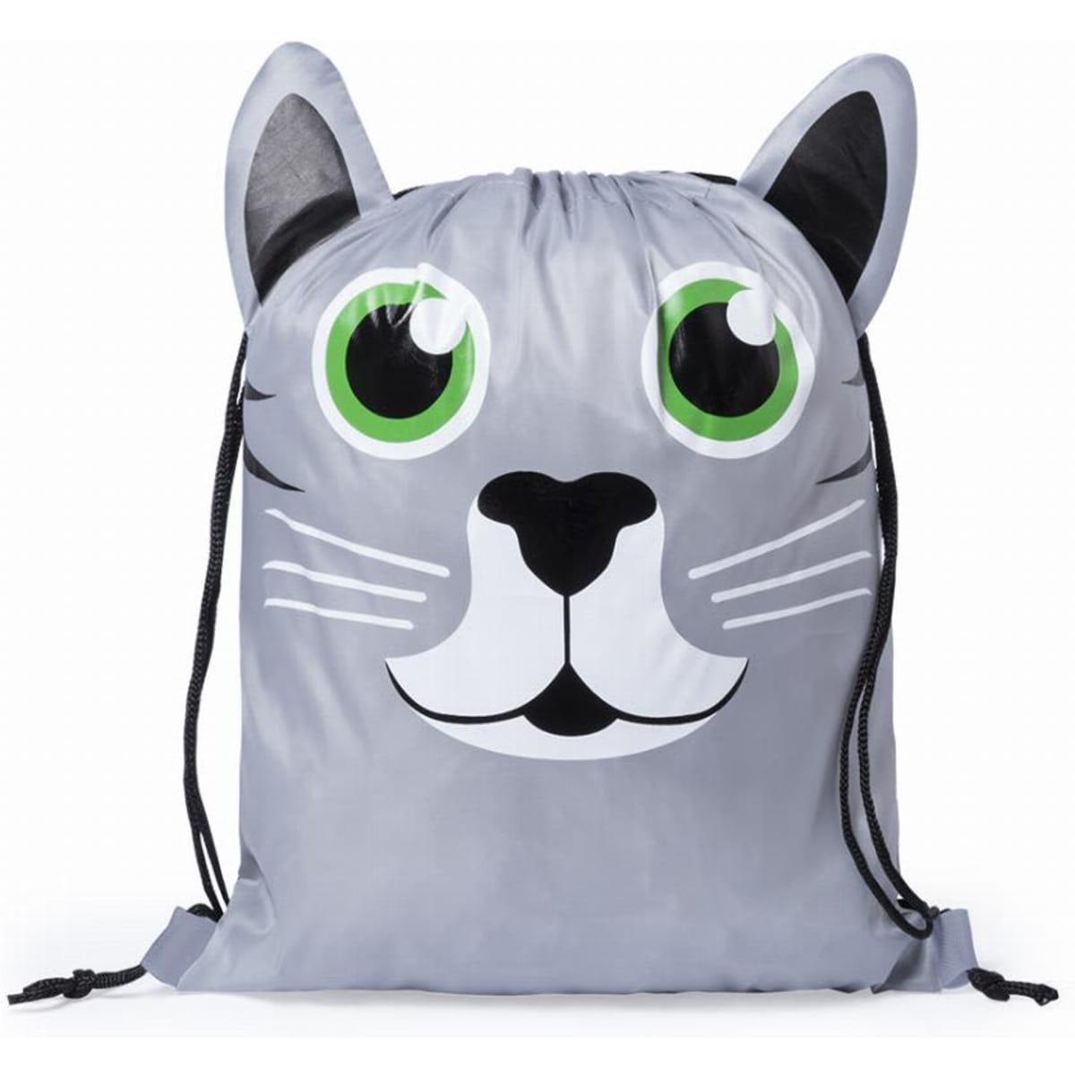 A drawstring backpack featuring a grey cat design with large green eyes and a playful face.