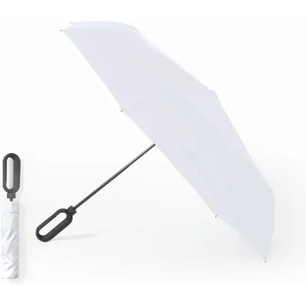 A white umbrella with a black handle, displayed alongside its folded version. The design is sleek and minimalistic.
