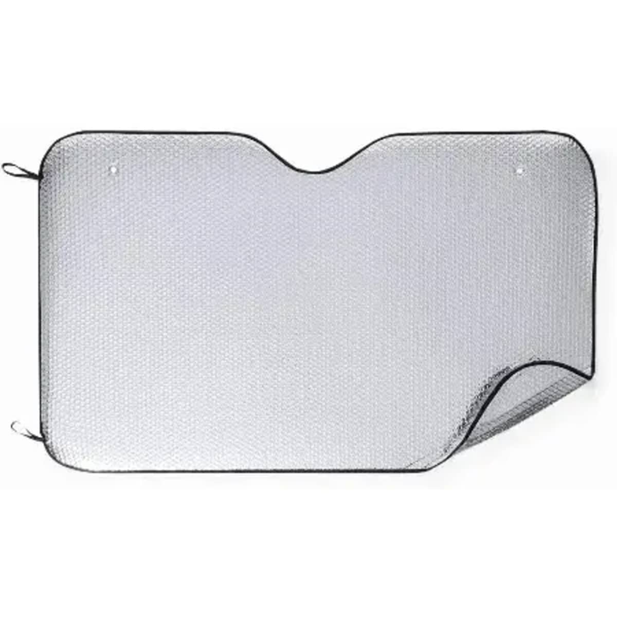 A silver sunshade with a mesh design, featuring a foldable structure and two attachment points.