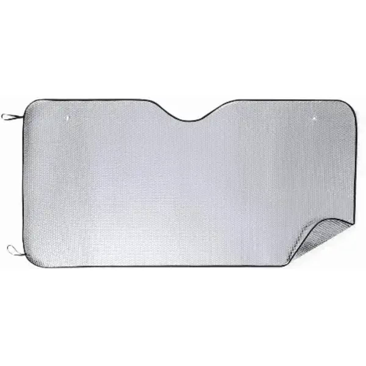 A reflective car sunshade in silver, featuring a curved top and black edges. It has two attachment points.
