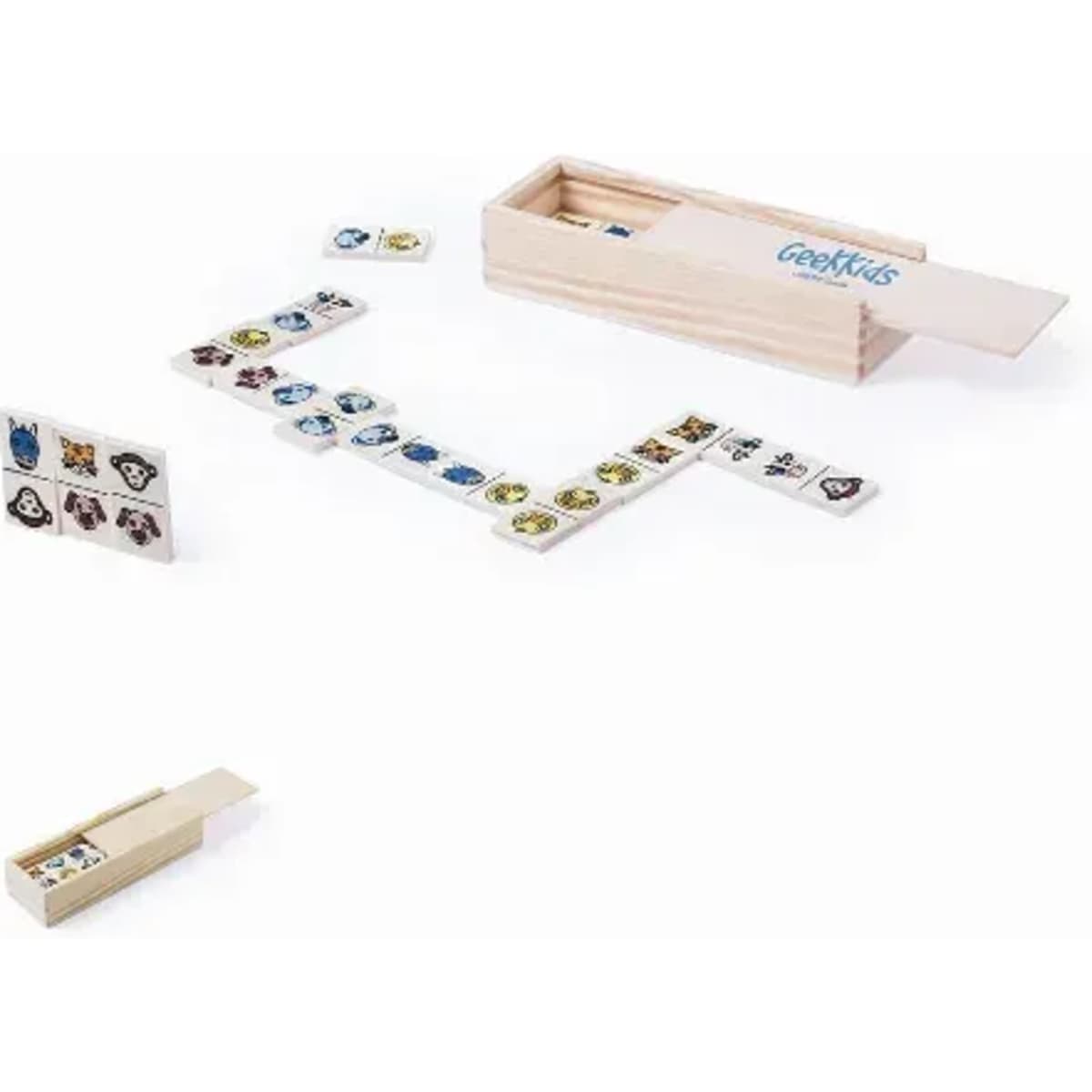 A wooden box containing a domino-style game with colourful animal-themed tiles arranged in a line.