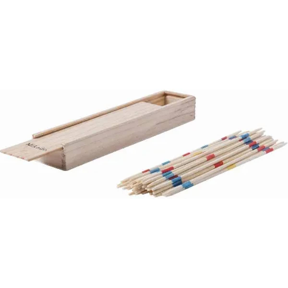 A wooden box containing colourful wooden sticks, arranged beside the box. The sticks are a mix of natural and painted colours.