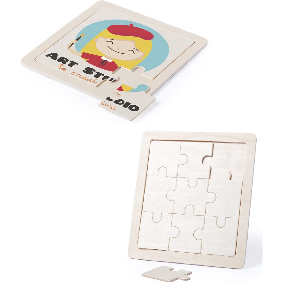 A wooden puzzle featuring a playful design with bright colours. It includes nine interlocking pieces.