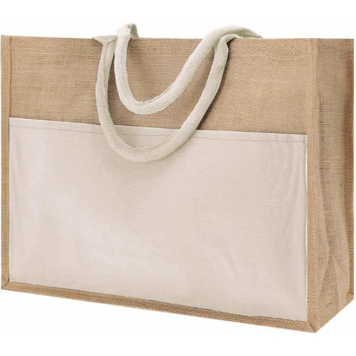 A jute tote bag in natural brown and cream colours with sturdy handles and a large front pocket.