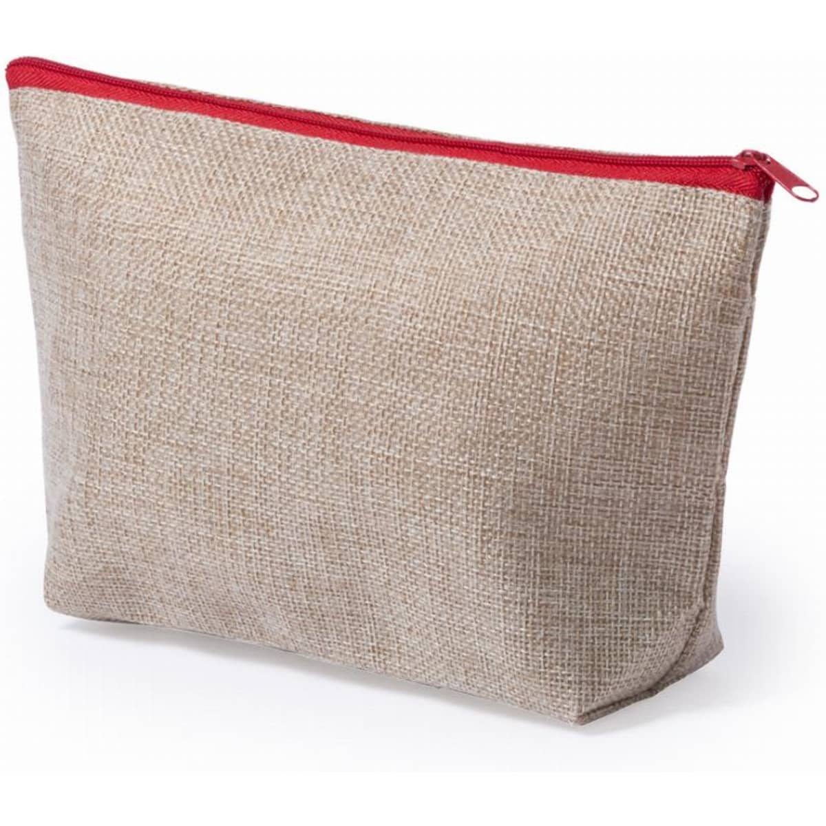 A pouch made of natural fabric with a red zipper, featuring a simple and sleek design.