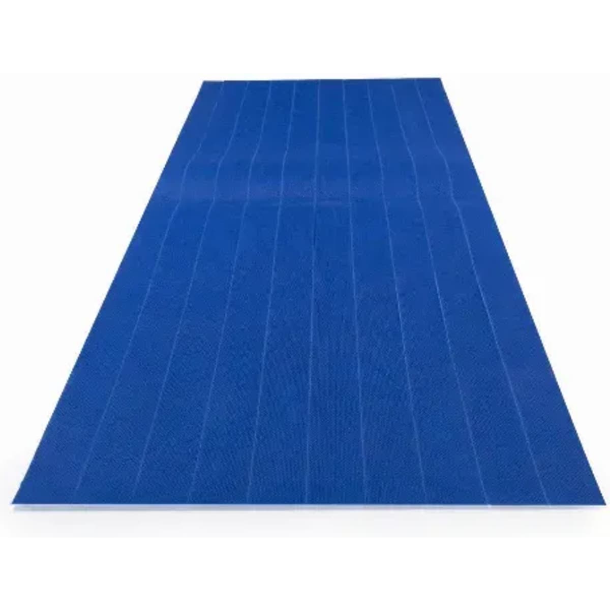 A blue exercise mat with a textured surface, featuring vertical lines for grip and stability.