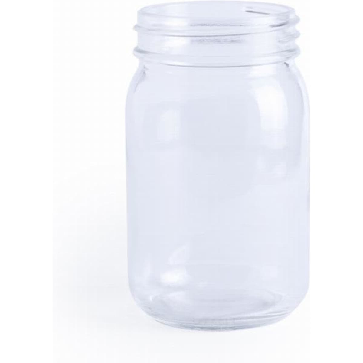 A clear glass jar with a screw-top lid, featuring a classic cylindrical shape.
