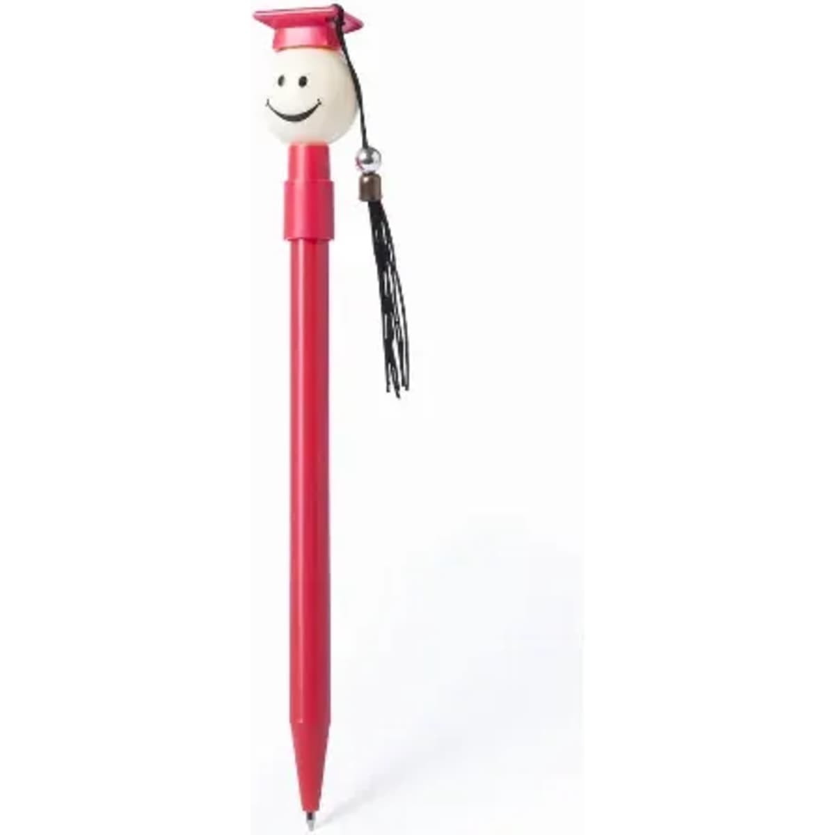 A red pen with a graduation cap and a smiling face on top, featuring a black tassel.