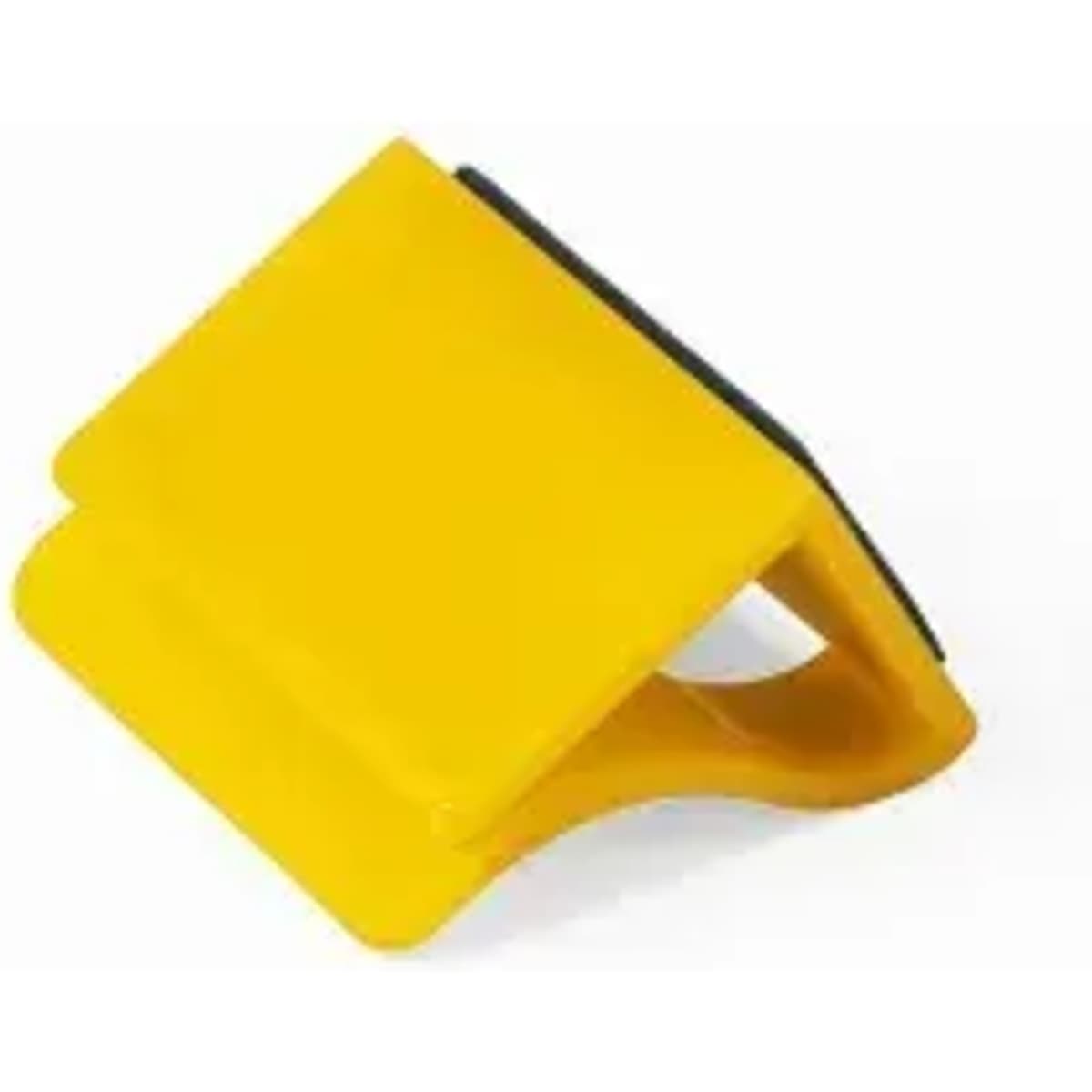 A yellow promotional product with a curved design and a textured grip. It features a logo on the side.