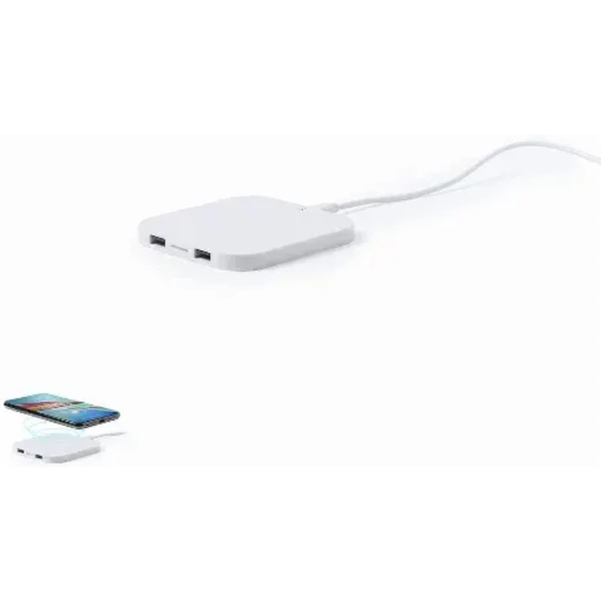 A white square power bank with two USB ports and a charging cable, placed next to a smartphone.