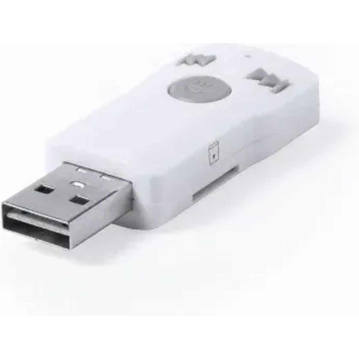 A USB device in white with a grey button and slots on the side, featuring a USB-A connector.