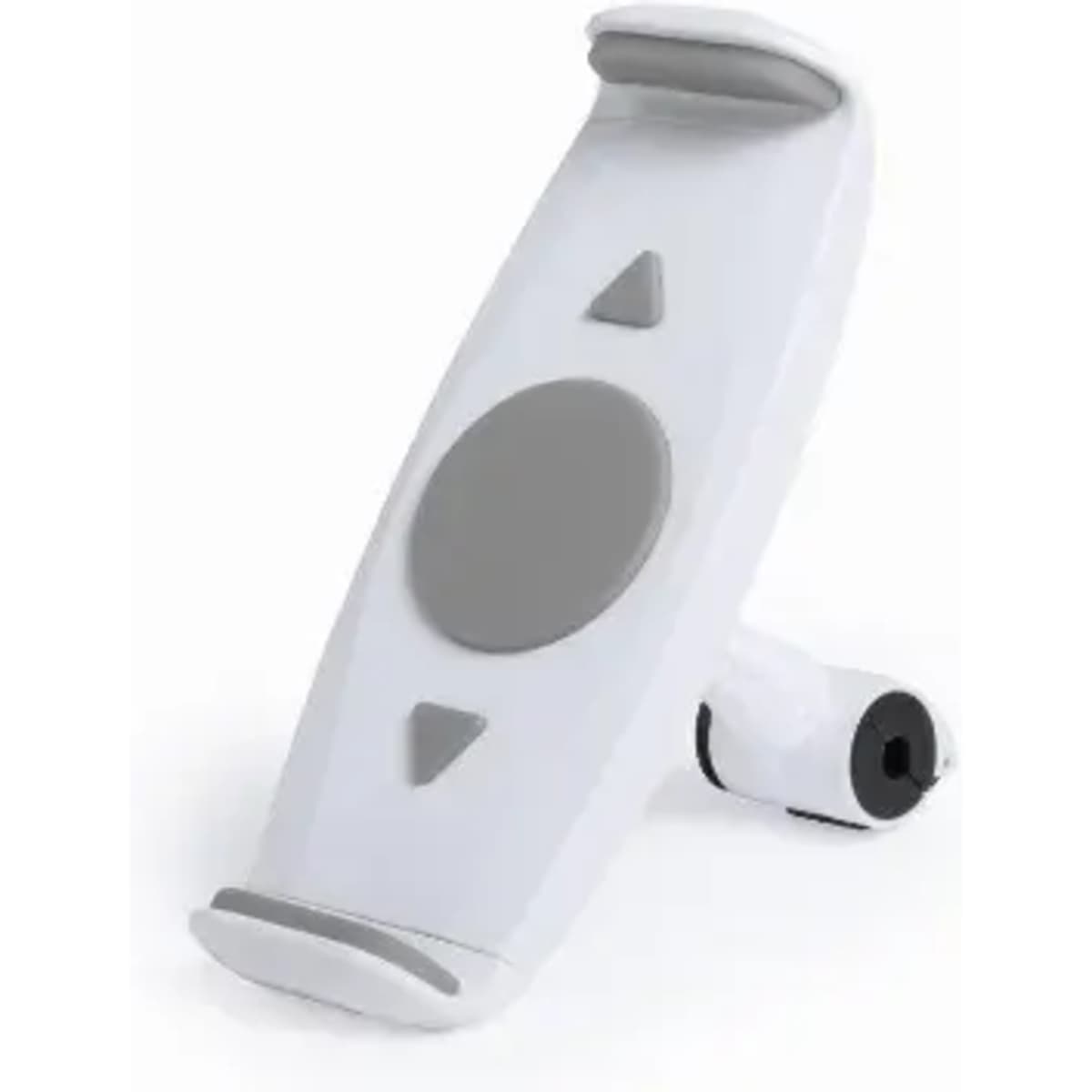 A white and grey phone stand with an adjustable base and a circular grip for stability. It features a logo on the side.