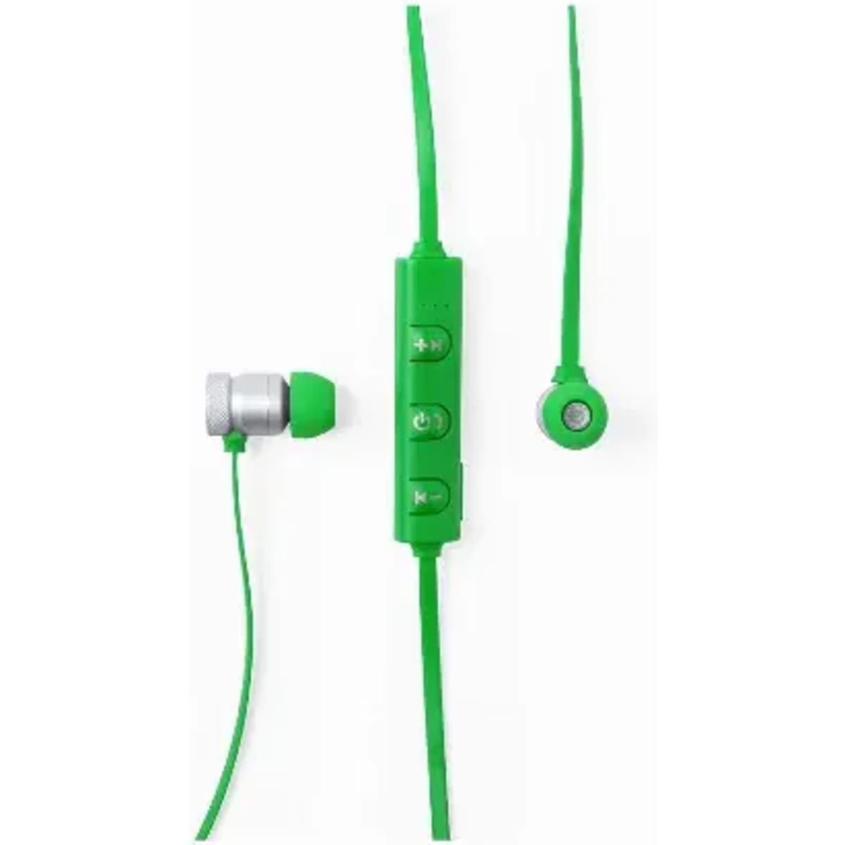 A set of green earphones with a control panel and microphone. The earbuds have a metallic finish.