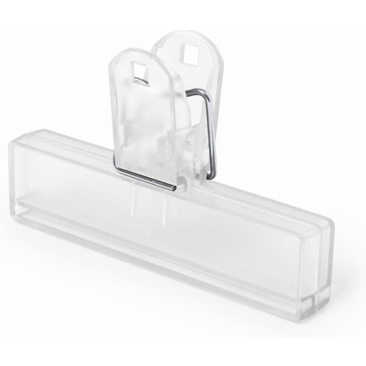 A clear plastic clip with a metal spring, designed for holding or securing items together.
