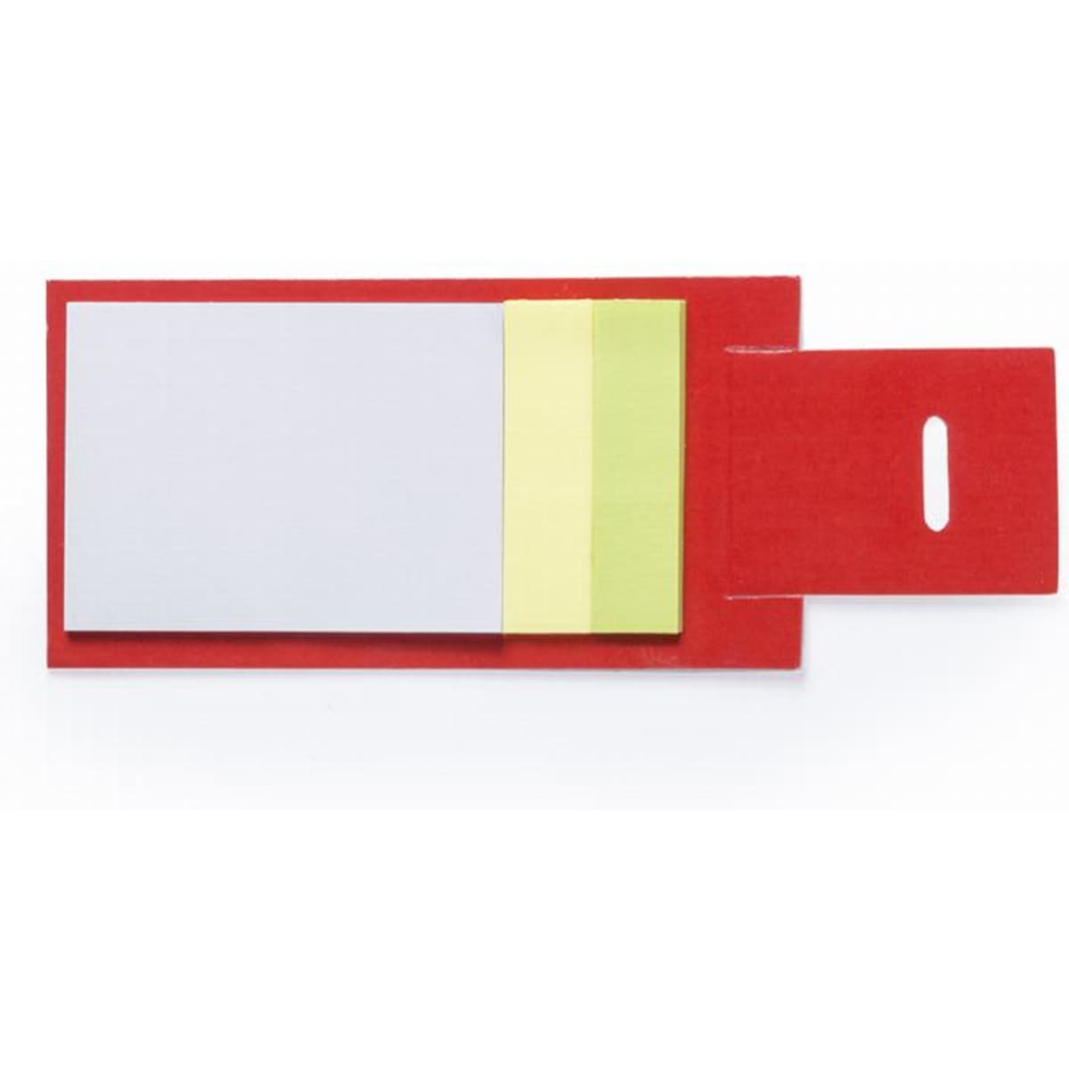 A red notepad organiser featuring white and yellow sticky notes with a cut-out handle for easy carrying.