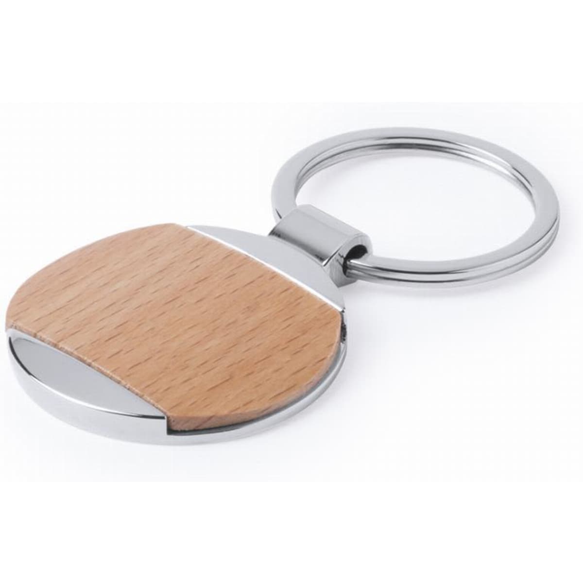 A keyring featuring a circular wooden design with a metallic finish, showcasing a blend of natural and metallic colours.