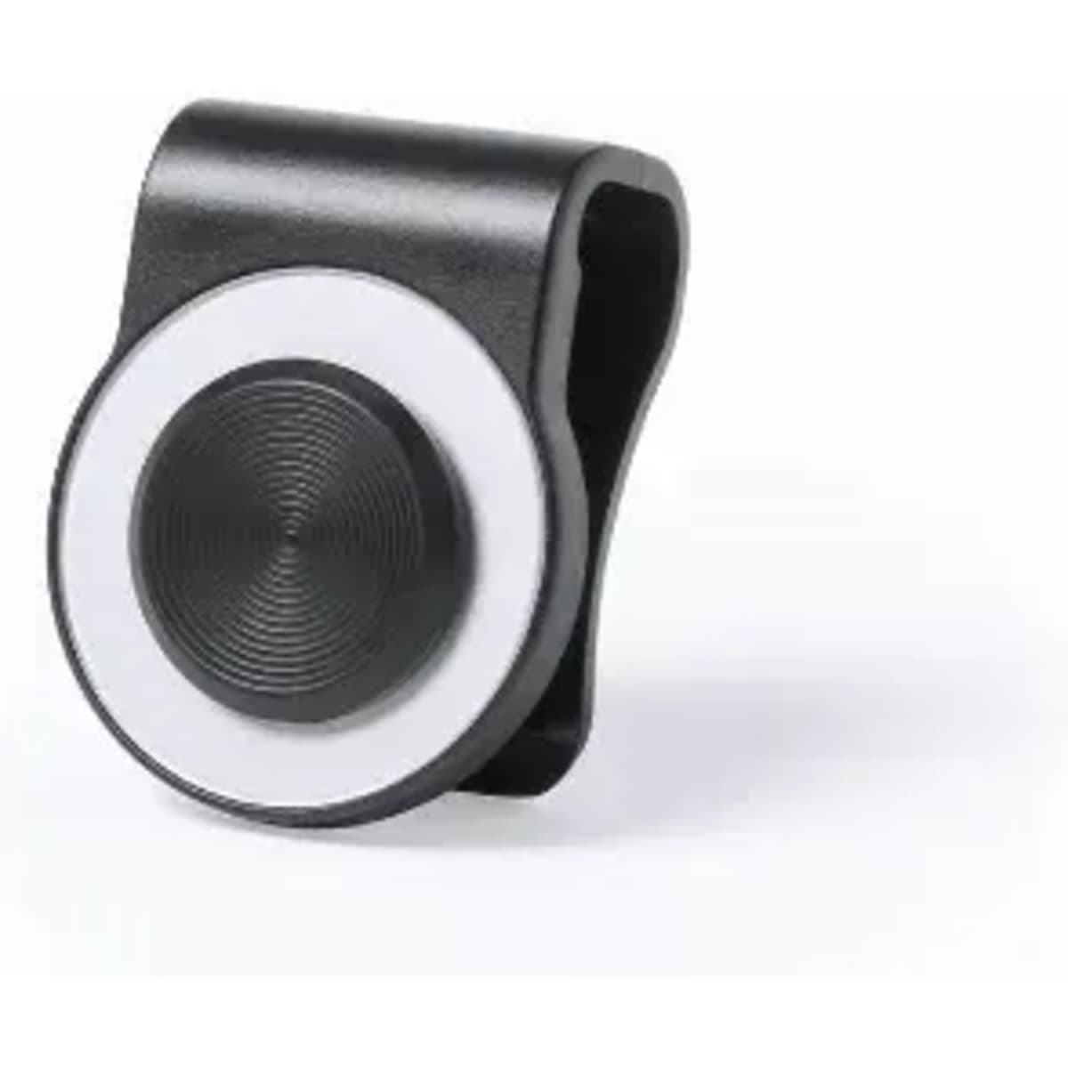A black and white clip-on accessory with a circular design, featuring a central textured circle and a logo.