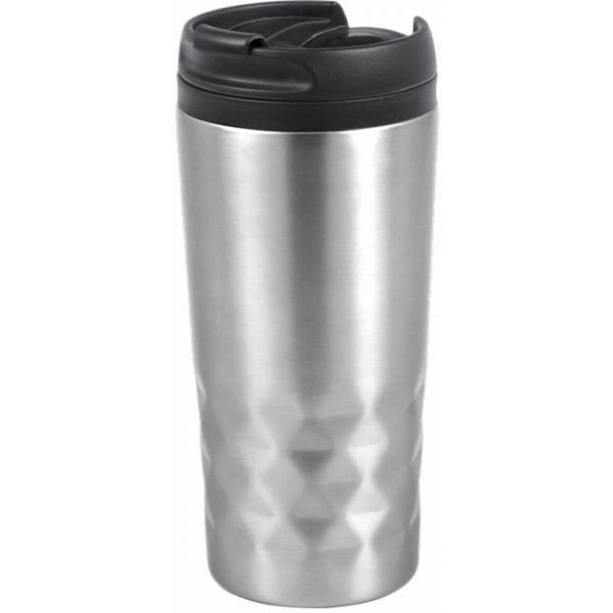 A drink bottle in silver stainless steel with a textured surface and a black lid. It features a logo on the side.