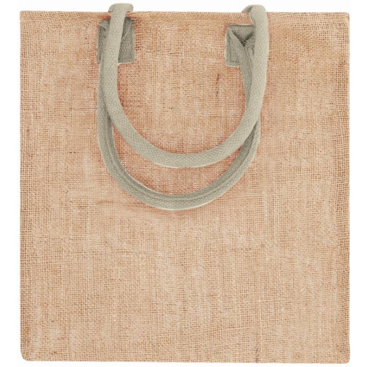 A jute tote bag in a natural beige colour with light grey handles. It features a simple, unembellished design.
