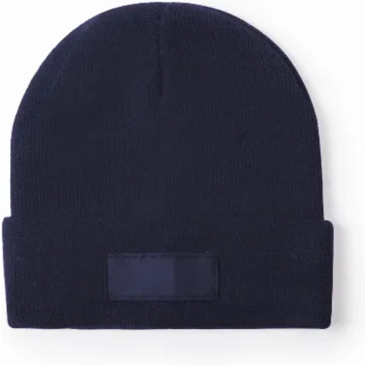 A navy blue beanie hat with a folded cuff and a blank patch for branding.