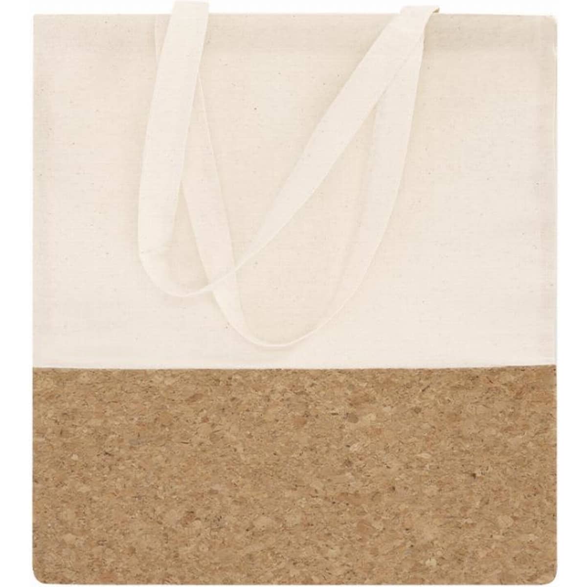 A tote bag featuring a cream upper section and a natural cork lower section, with two shoulder straps.