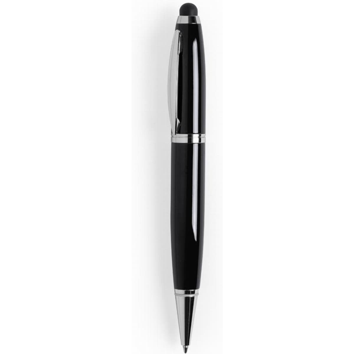 A sleek black pen with a silver trim and a stylus tip, featuring a simple design and a logo.