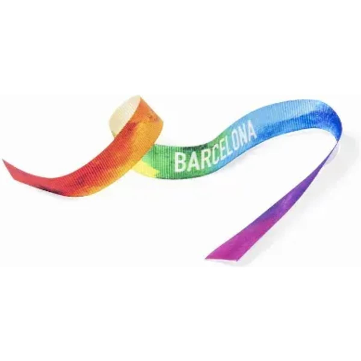 A decorative ribbon featuring vibrant rainbow colours with the word "BARCELONA" printed on it.