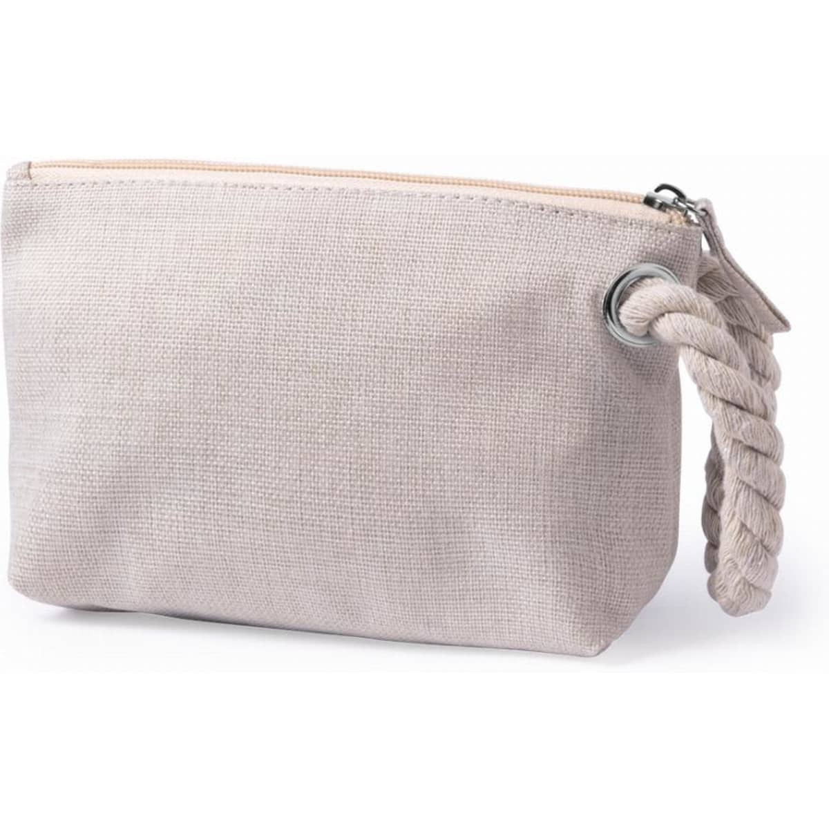 A pouch in light grey fabric with a braided handle and a zip closure. Features a branding logo.