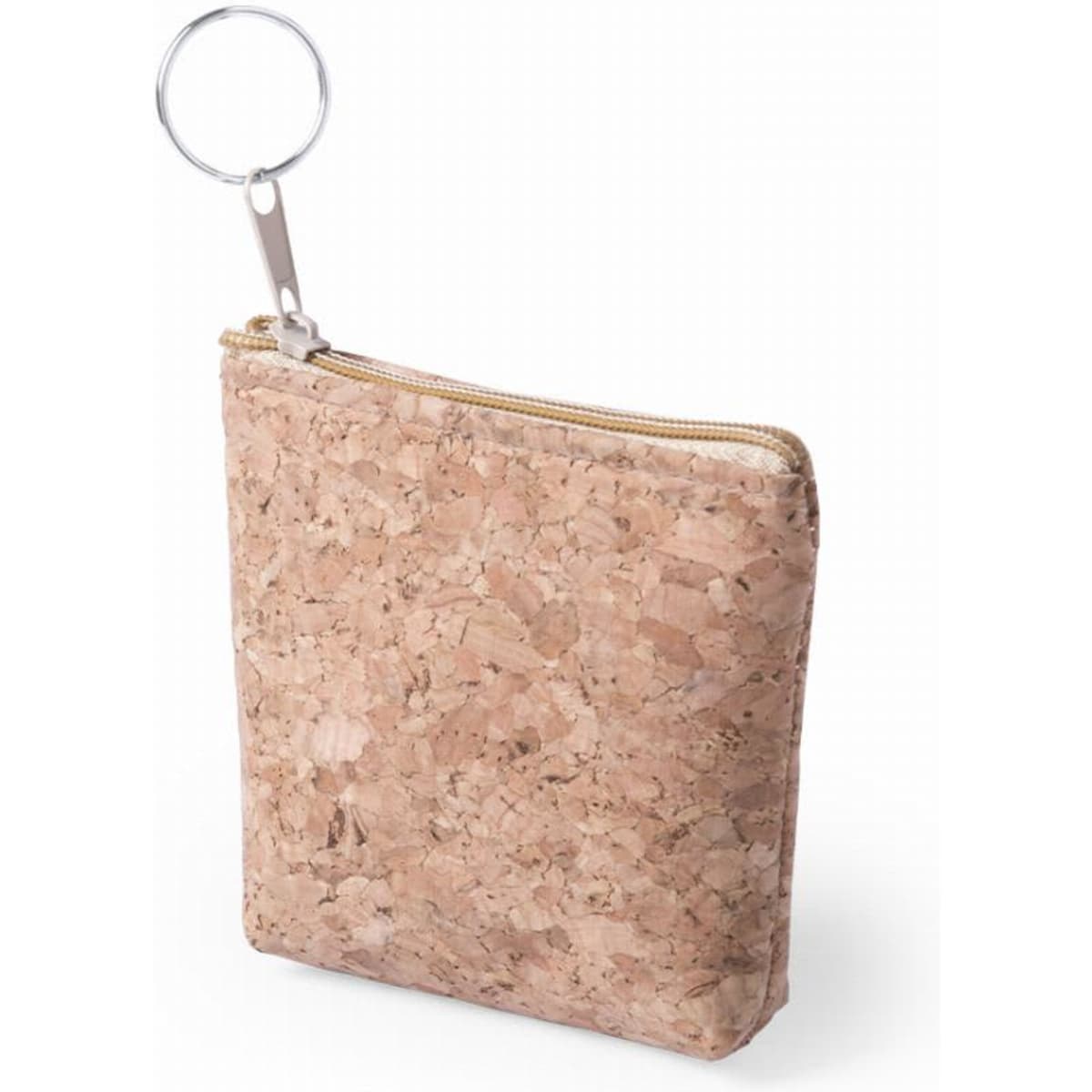 A cork coin pouch in a natural tone with a silver keyring attached, featuring a zipped closure.