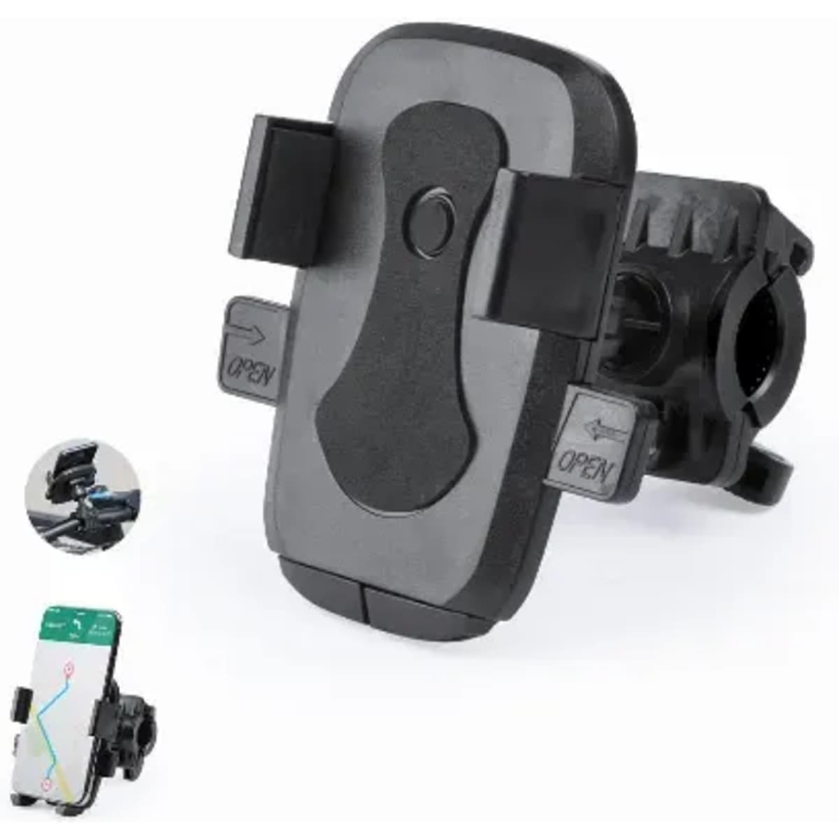 A phone mount in black, designed to securely hold a smartphone, with adjustable grips and a mounting mechanism.