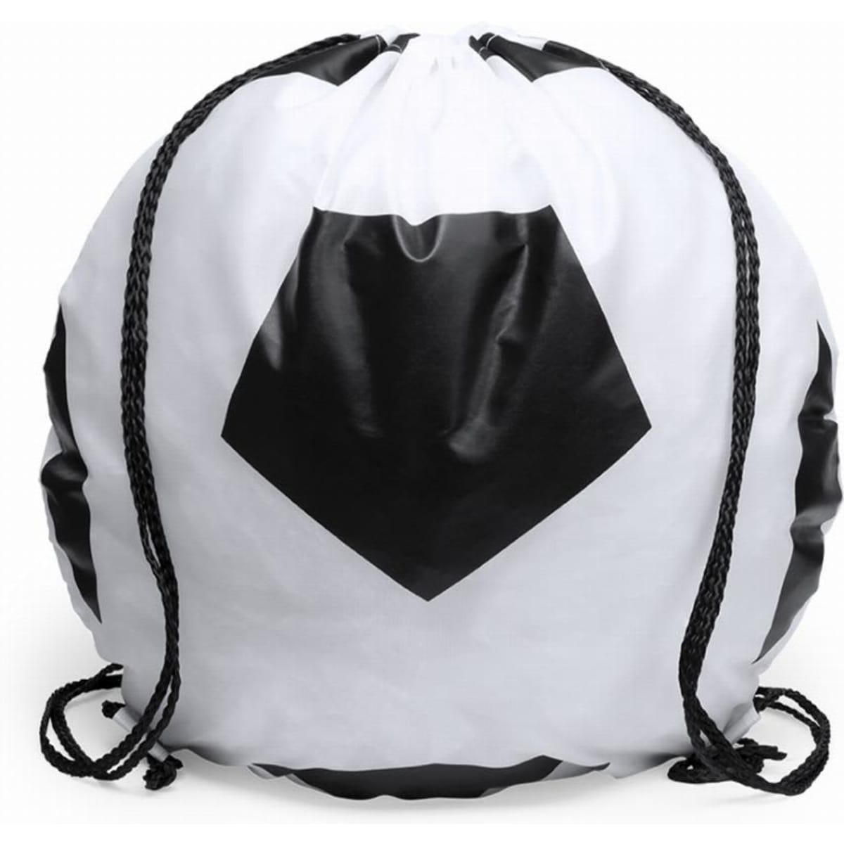 A drawstring bag featuring a black and white design, resembling a soccer ball. It includes adjustable cords for closure.
