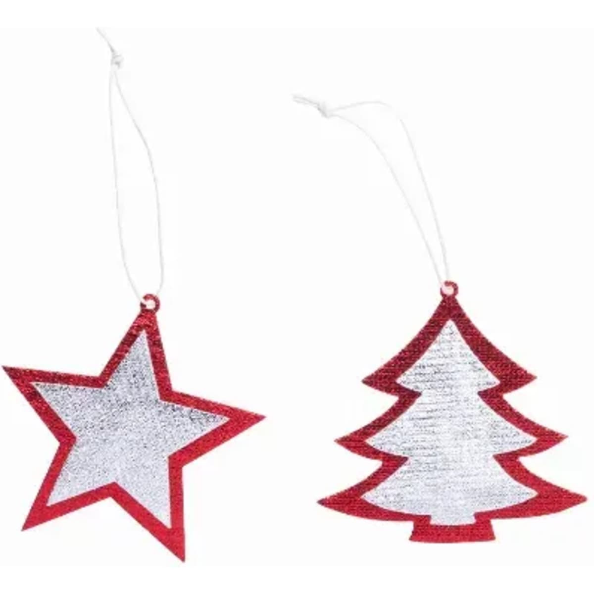 Two festive decorations: a glittery red star and a red Christmas tree ornament, both with silver accents.