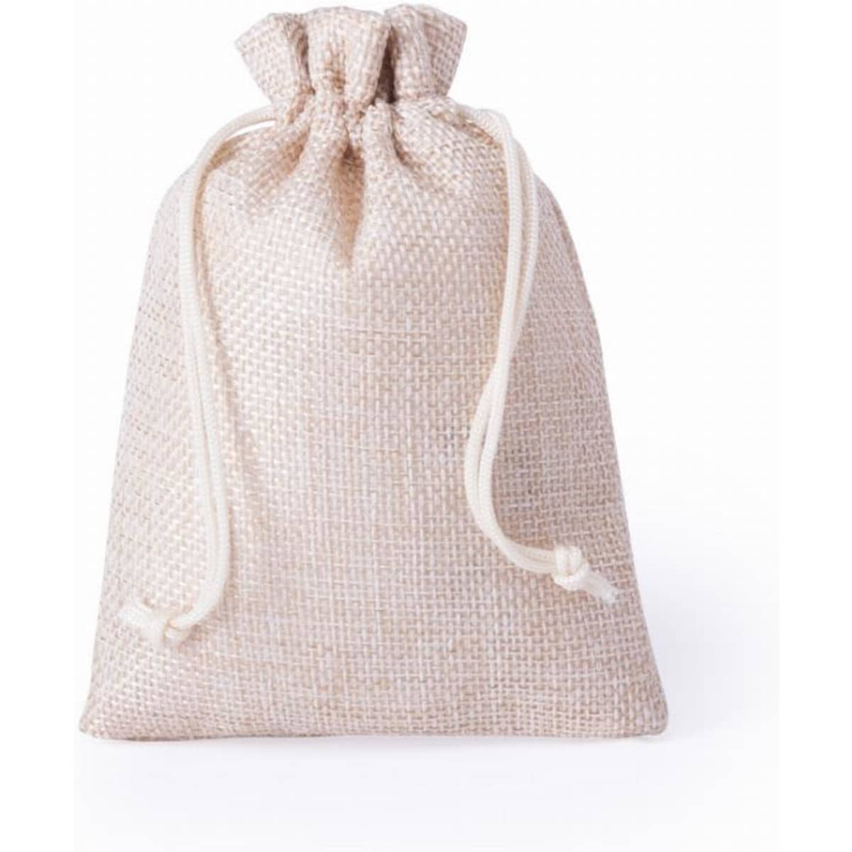 A jute drawstring bag in a natural beige colour, featuring a simple tie closure at the top.