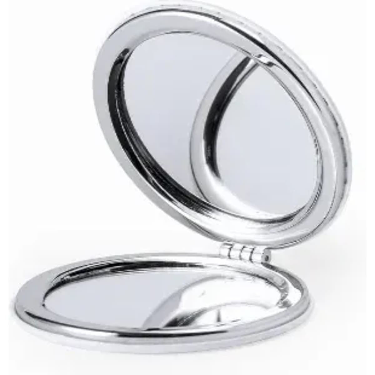 A compact mirror with a shiny silver finish, featuring a dual-sided reflective surface and a hinge for easy opening.