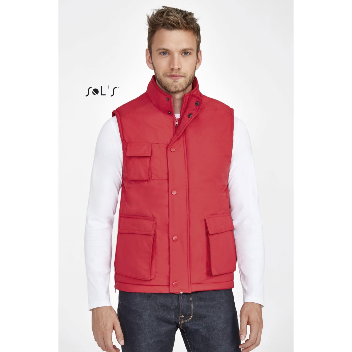 A red men's vest made from ripstop material, featuring exterior pockets and a logo.