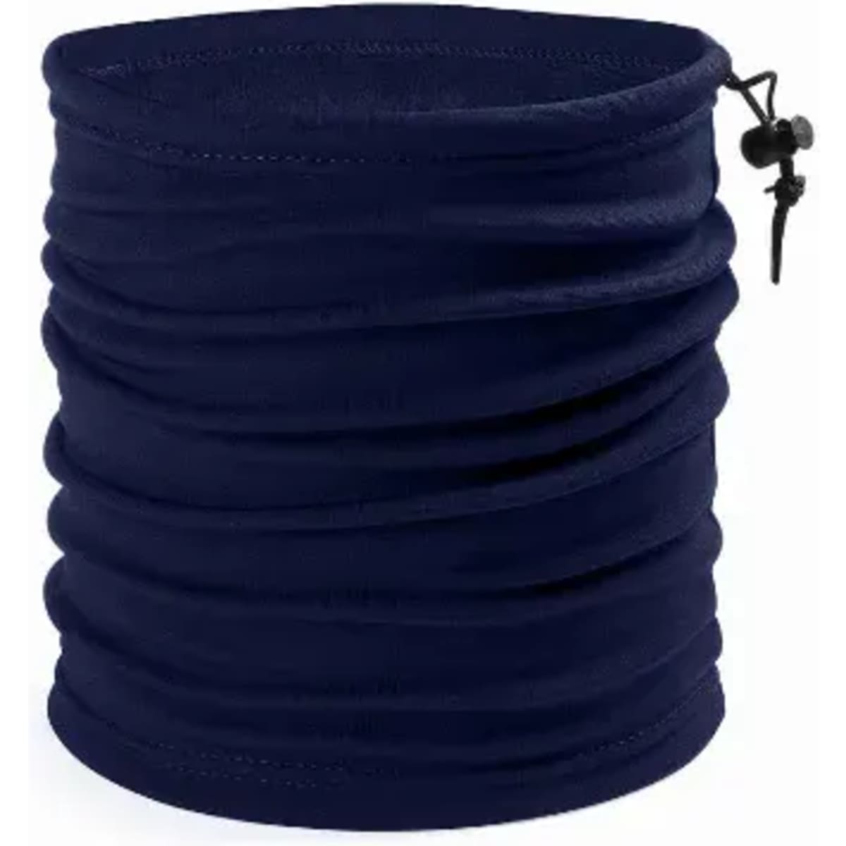 A navy neck gaiter with a gathered design and adjustable toggle for a snug fit. It features a logo.